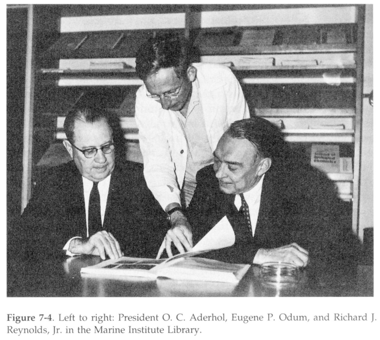 O.C. Aderhold, Eugene P. Odum and Richard J. Reynolds in the Marine Institute library