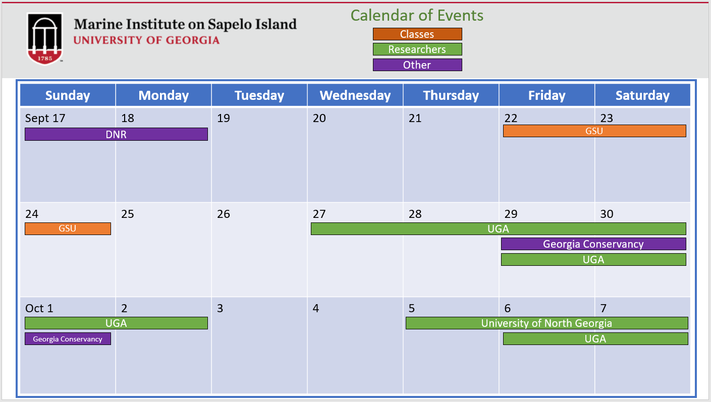 Calendar displaying the different institute users visiting UGAMI this month