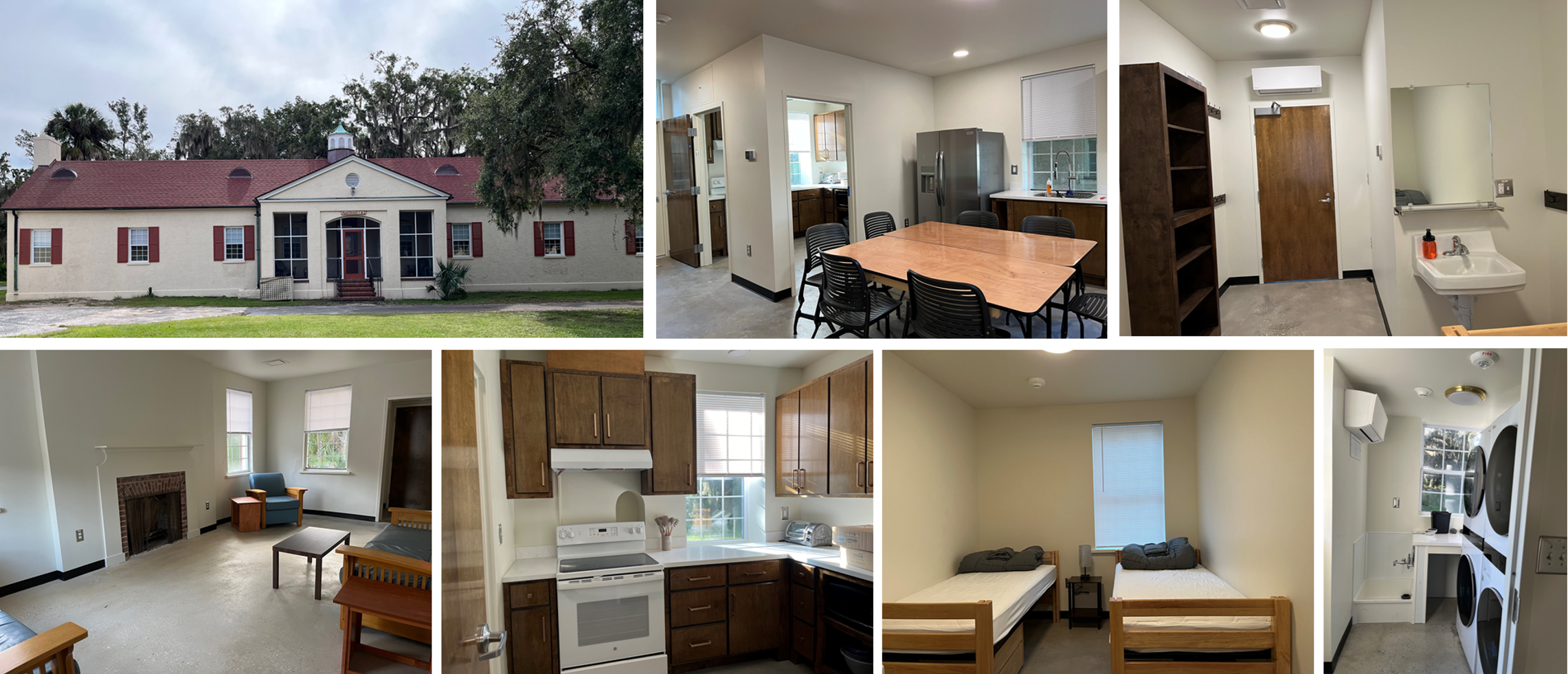 Images of the Apartments renovations. Clockwise from top left - the outside of the Apartments, the kitchen area featuring a sink, fridge, and table and chairs, a bedroom showing a mirror and sink and bookshelf, the laundry room with a washer and dryer, a bedroom with two twin beds and a window, the kitchen featuring a stove and countertops, a communal space with a fireplace and armchairs.