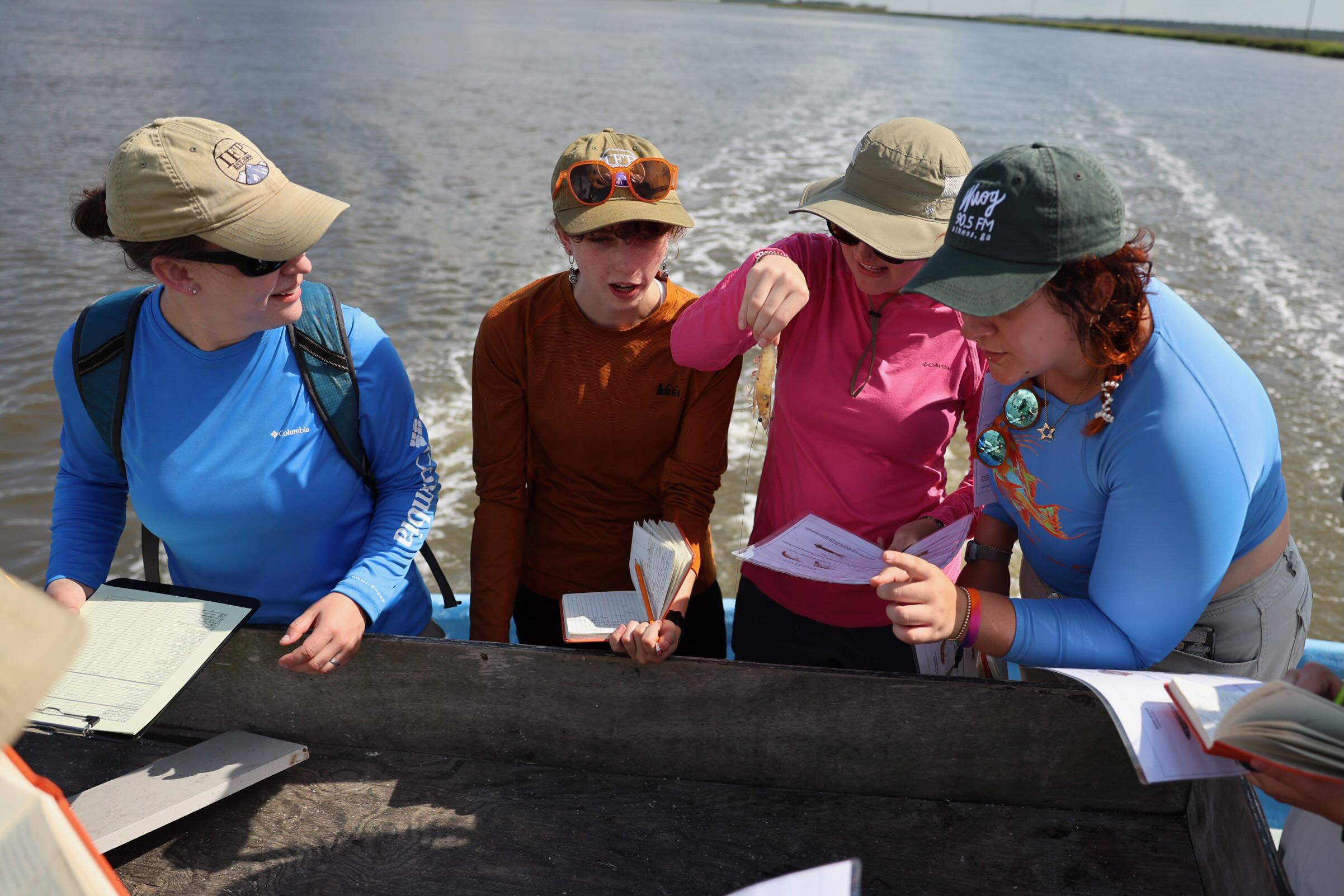 Four students on the beach looking at and taking notes on a shrimp held by one of the students