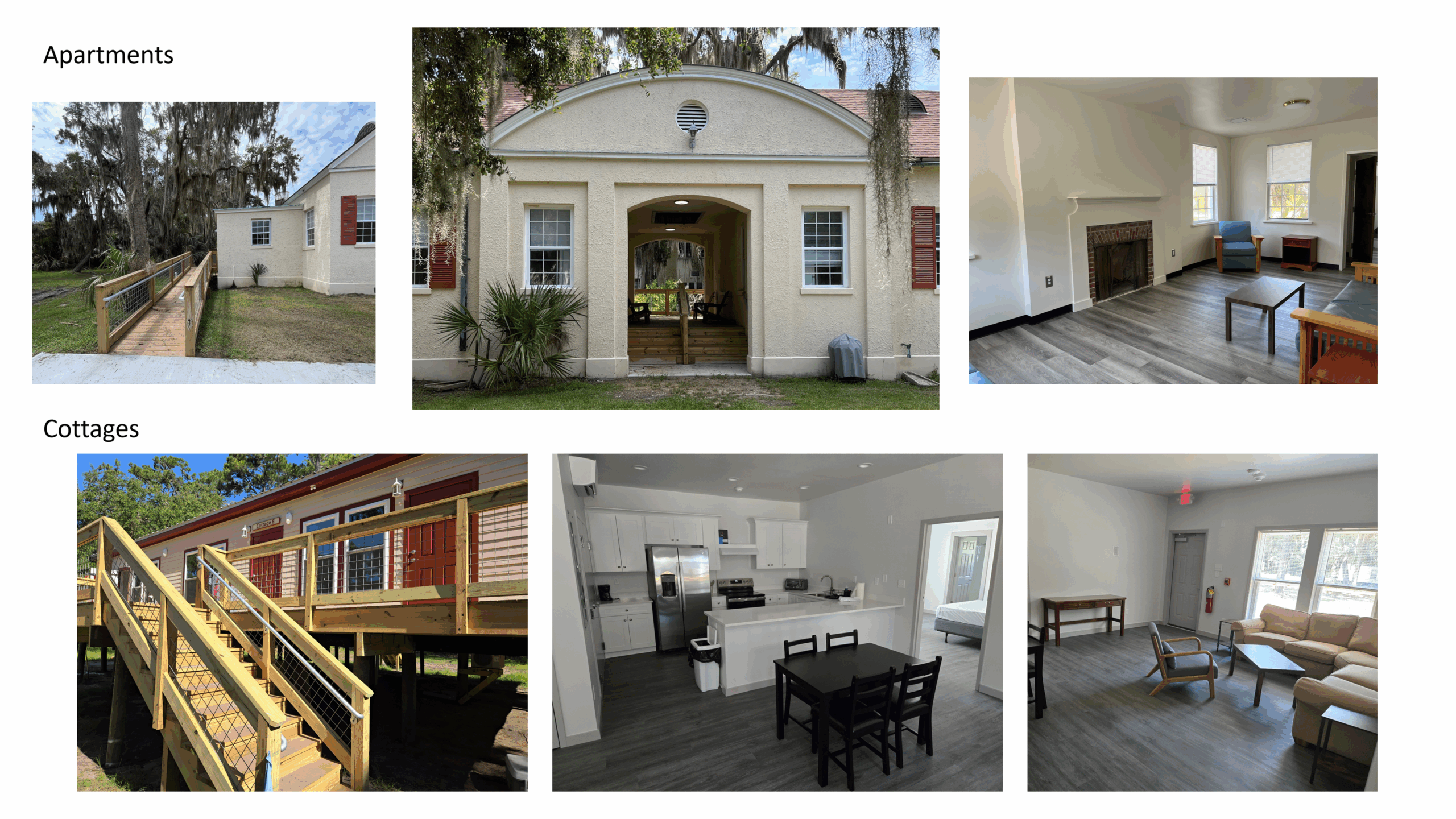 Six photos of the exteriors and interiors of the renovated apartments and the new cottages