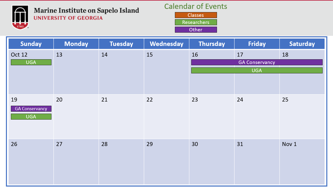 Calendar displaying the different institute users visiting UGAMI this month