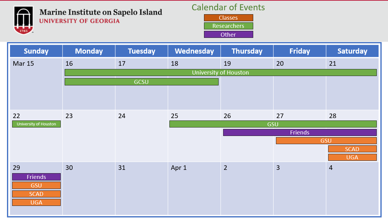 Calendar displaying the different institute users visiting UGAMI this month