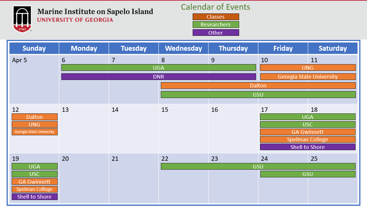 A color-coded calendar for April shows class and researcher schedules at UGAMI, the Marine Institute on Sapelo Island, including UGA, Dalton, Georgia State University, USC, and others.