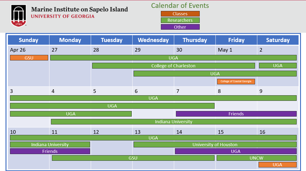 A calendar displaying UGAMI event schedules from April 26 to May 23 for various universities and groups at the Marine Institute on Sapelo Island, University of Georgia.