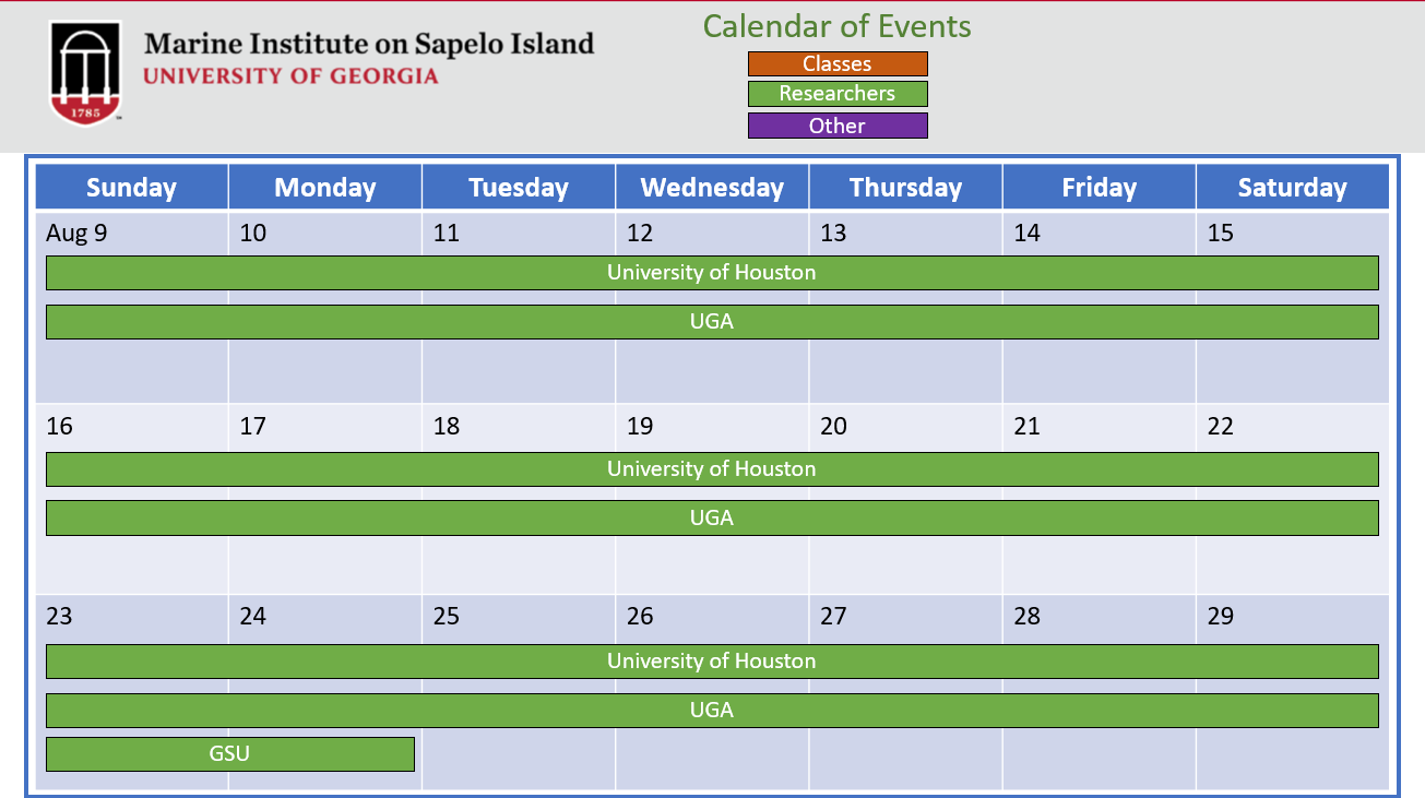 Calendar of events for August showing University of Houston, UGA, and GSU scheduled across multiple weeks at the Marine Institute on Sapelo Island (UGAMI).