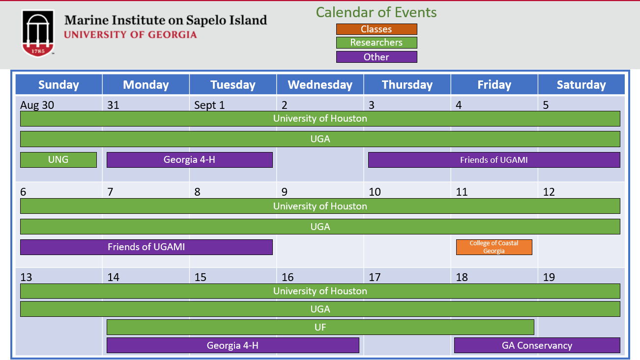 Calendar of events for the UGA Marine Institute on Sapelo Island, showing classes, researchers, and other groups scheduled from August 30 to September 19.