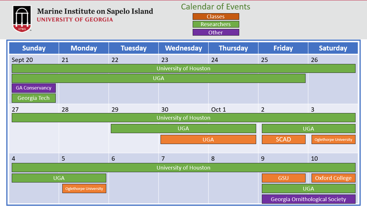 A digital calendar for the Marine Institute on Sapelo Island, UGAMI, showing event schedules from September 20 to October 10, including classes, researchers, and other events.