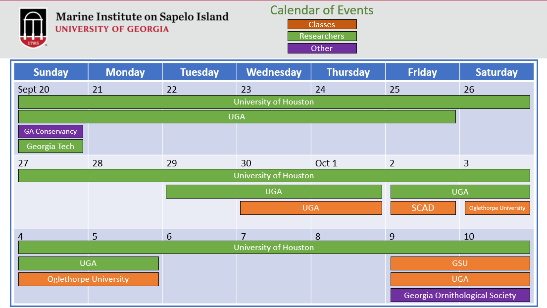 A calendar showing September events for the Marine Institute on Sapelo Island, with participants including, UGA, University of Houston, SCAD, Oglethorpe, GSU, Georgia Tech, and others.