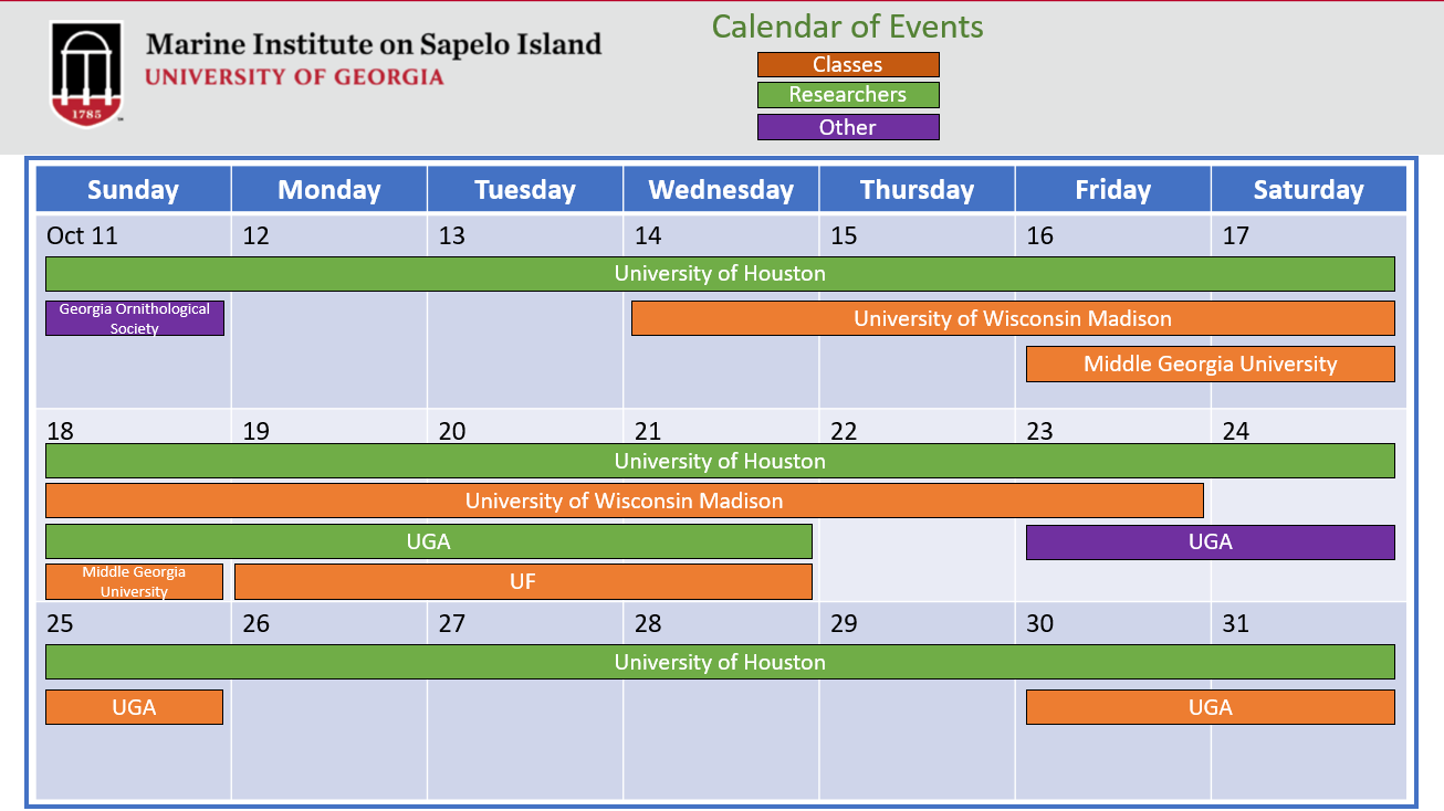 October calendar of events for the UGA Marine Institute on Sapelo Island, showing scheduled classes, researcher visits, and other university events.