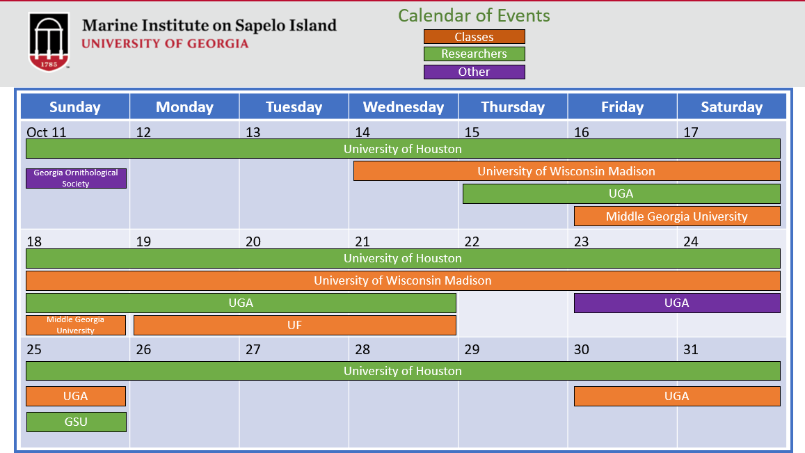 October calendar of events for the UGA Marine Institute on Sapelo Island, showing scheduled institutional and research group visits.